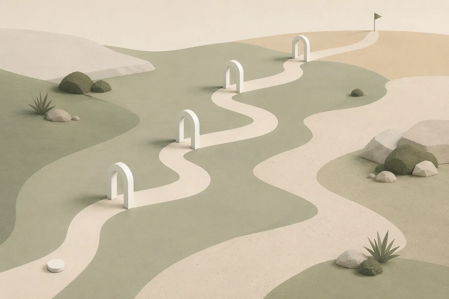 Illustration of a winding recovery path with checkpoint gates leading toward a finish flag