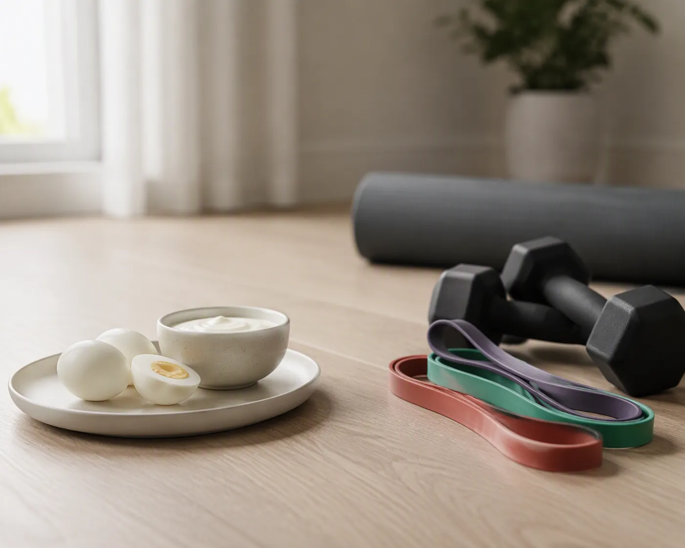 Small capped portion of protein food beside resistance bands and small dumbbells on a wooden floor