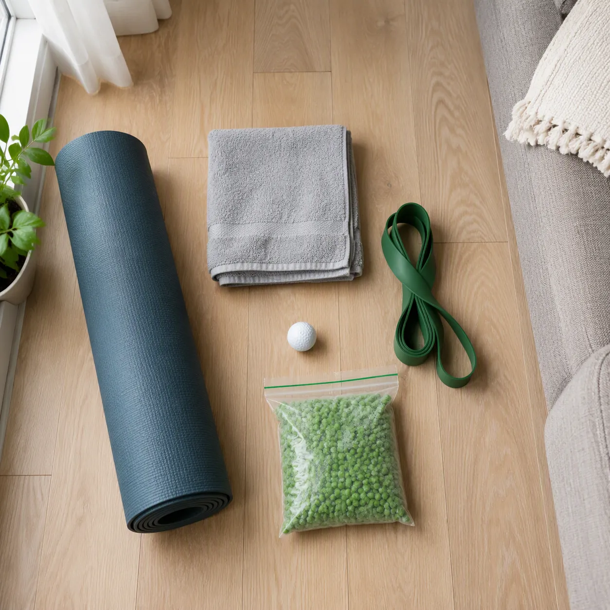 A flat lay of apartment ankle rehab equipment including a yoga mat, folded towel, resistance band, golf ball, and frozen peas