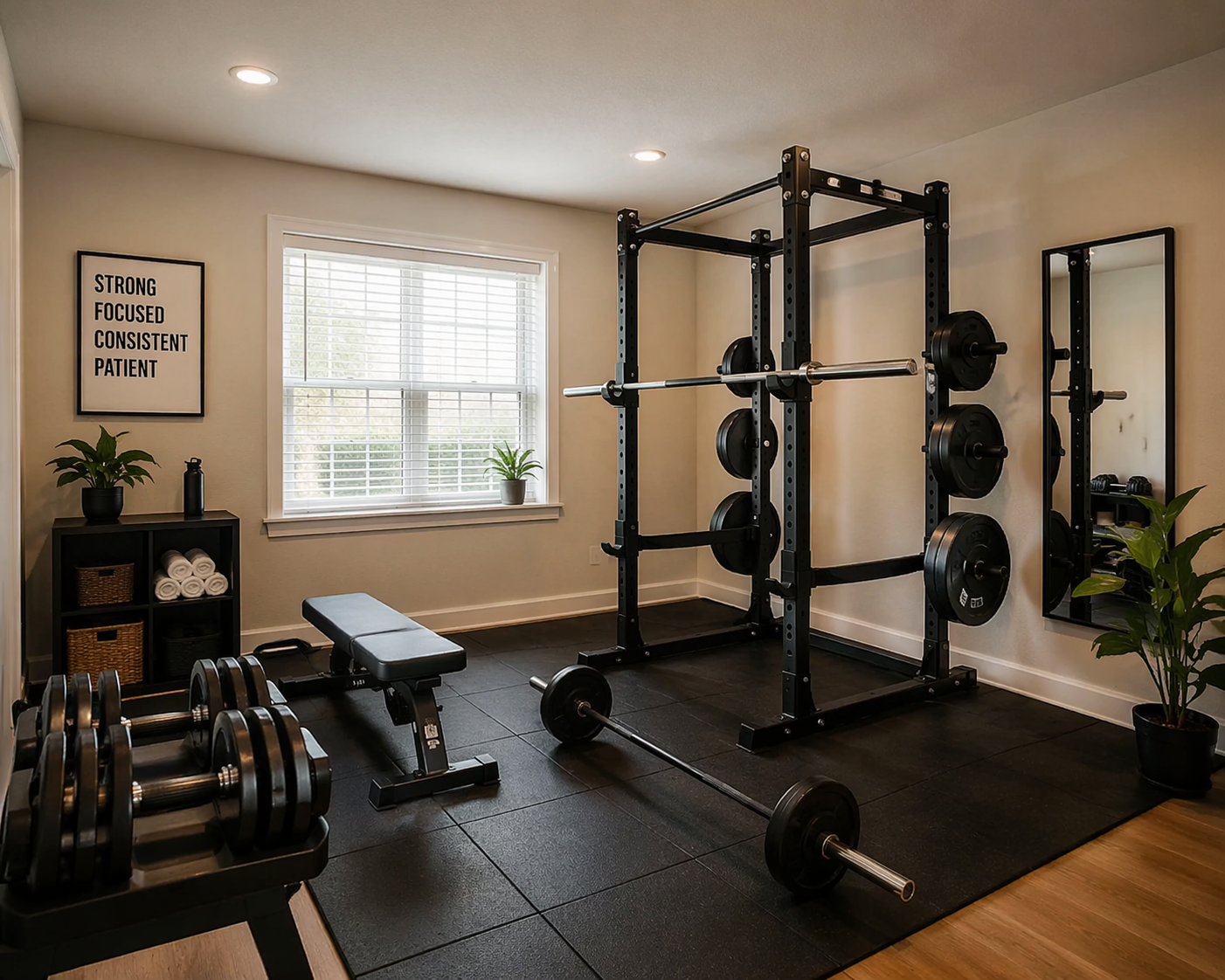 Compact spare-room home gym with power rack, barbell, adjustable dumbbells, bench, and rubber flooring