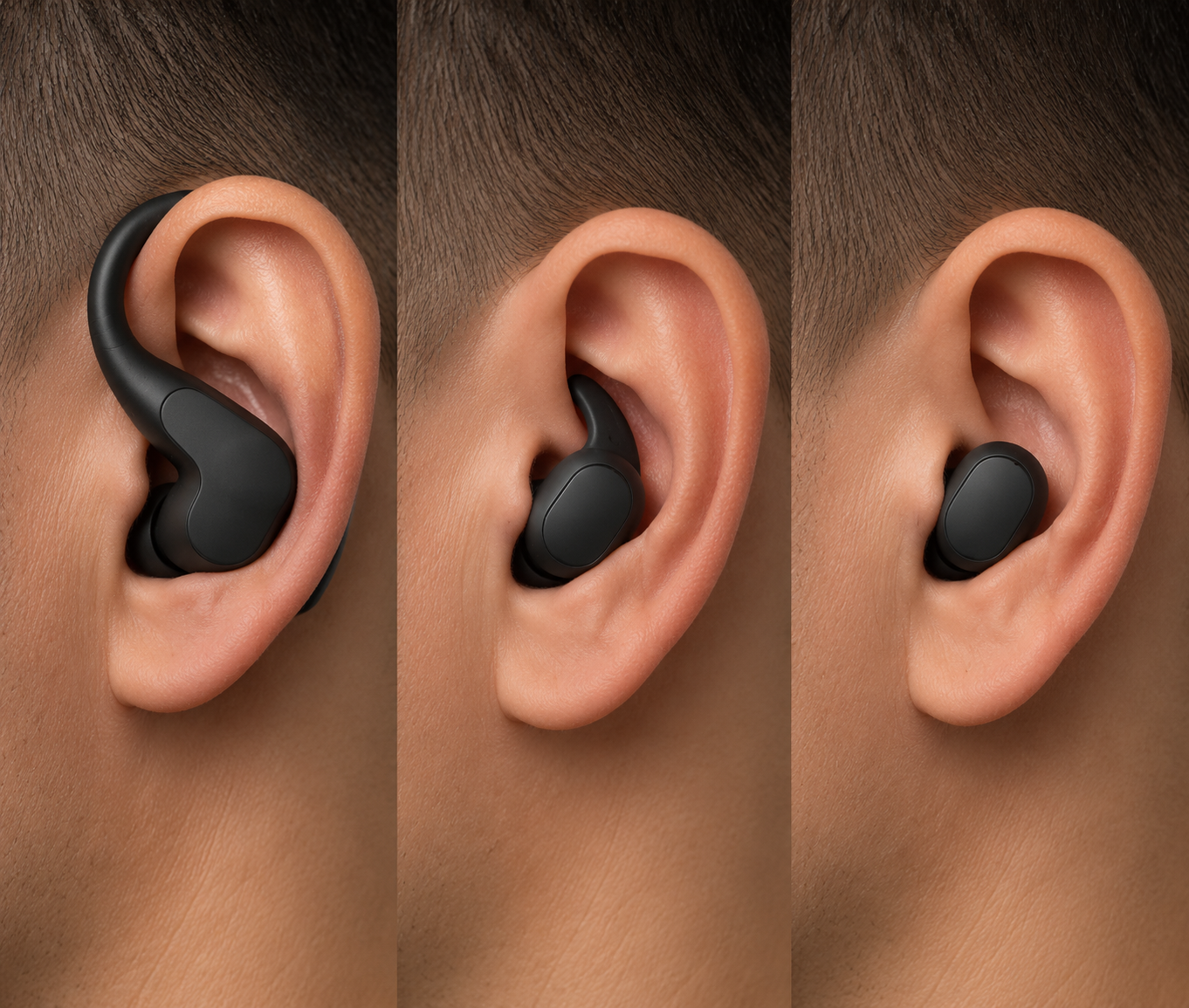 Close-up comparison of an ear-hook earbud, a wingtip earbud, and a compact standard-fit earbud with no stabilizer