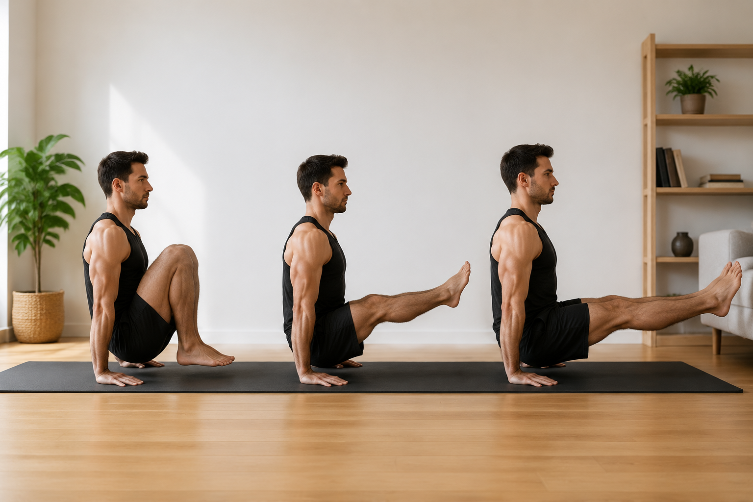 Three-stage L-sit progression on a home mat from bent-knee support to full L-sit.