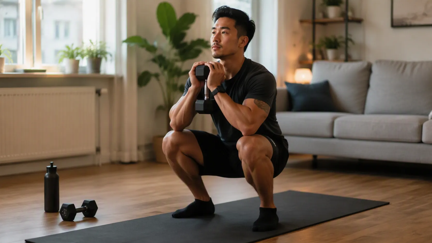 Person doing a dumbbell goblet squat on a mat in a small apartment living room