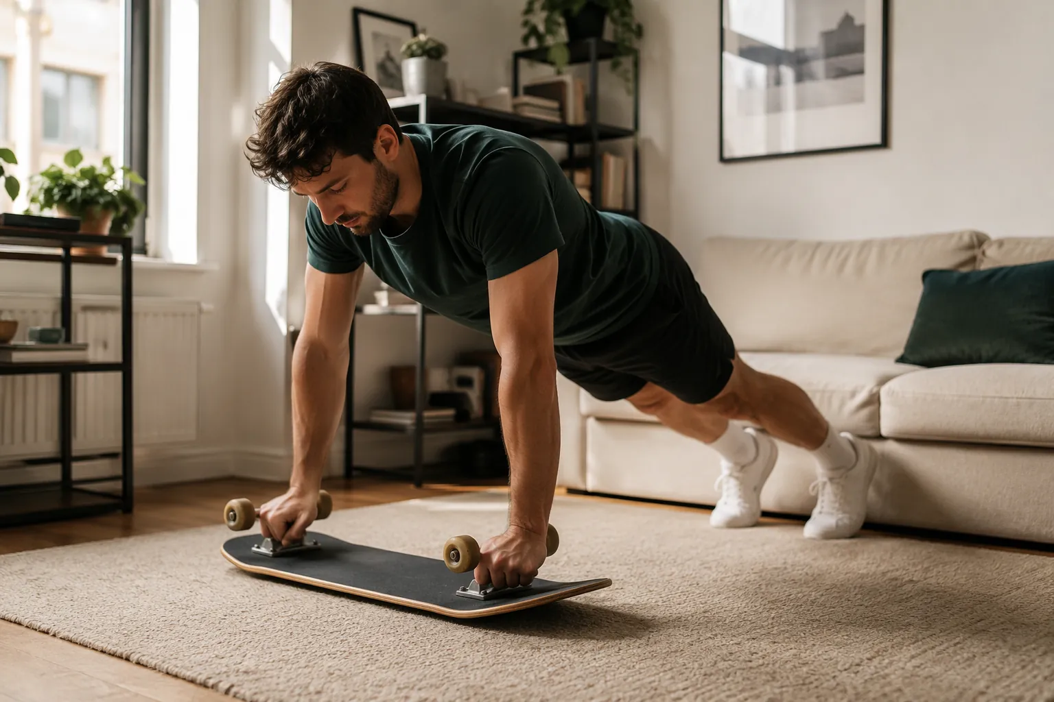 Person holding a plank with both hands on an upside-down skateboard deck on a beige rug in a small apartment