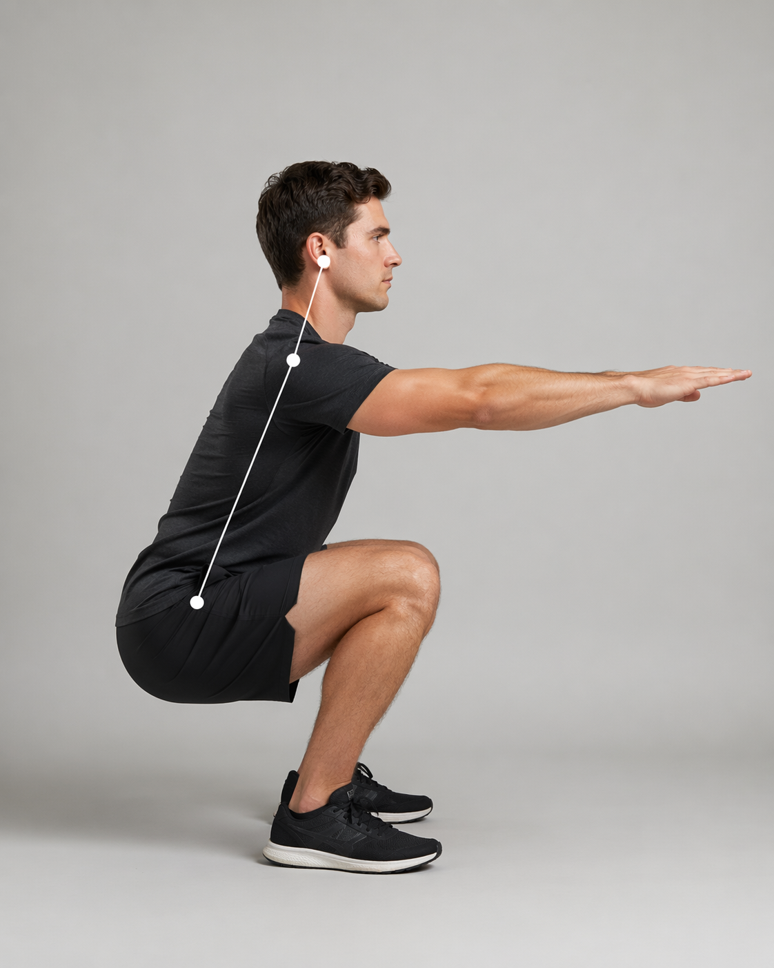 Side view of a controlled bodyweight squat with neutral posture