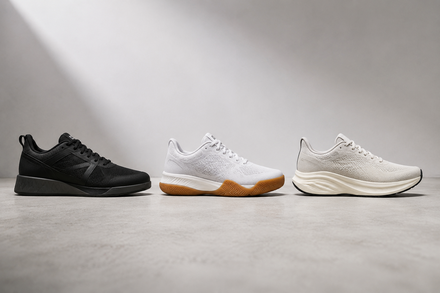 Training shoe, court shoe, and running shoe arranged side by side to compare movement-specific footwear