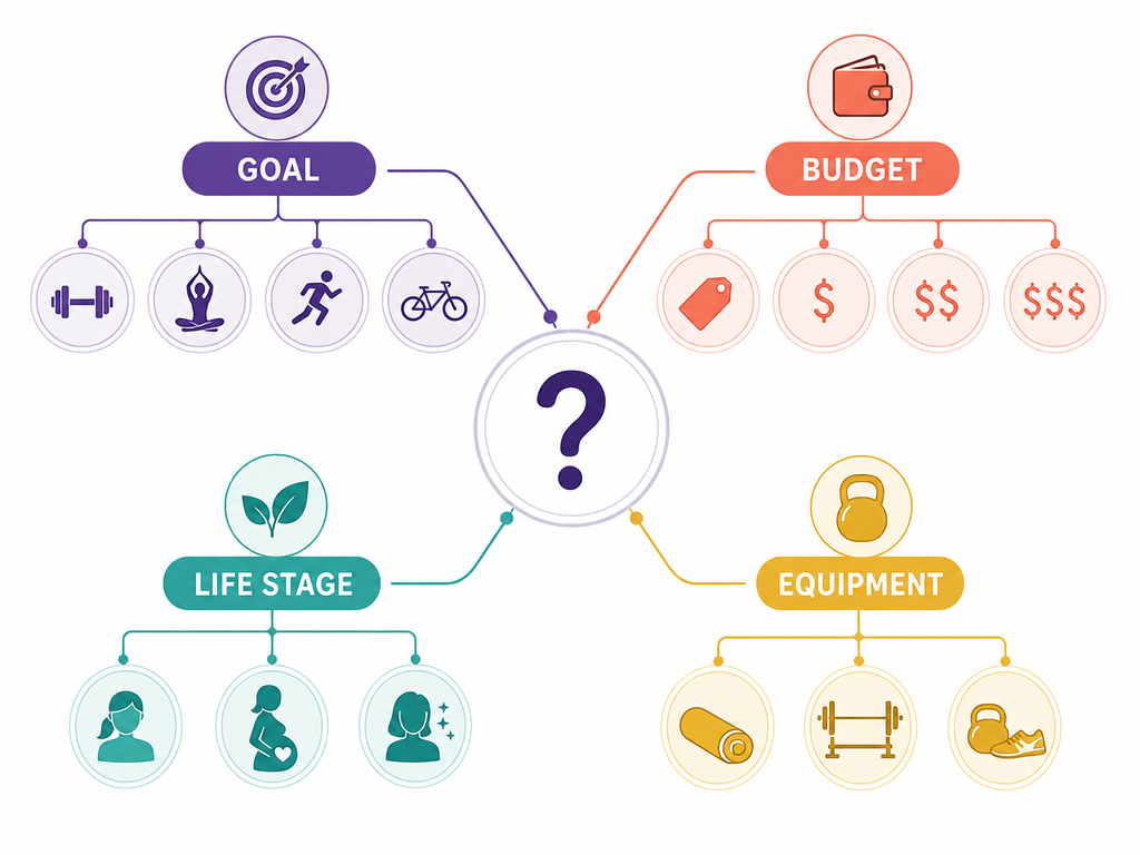 An editorial decision-framework diagram with four labeled axes radiating from a central question mark icon: Goal, Budget, Life Stage, and Equipment.