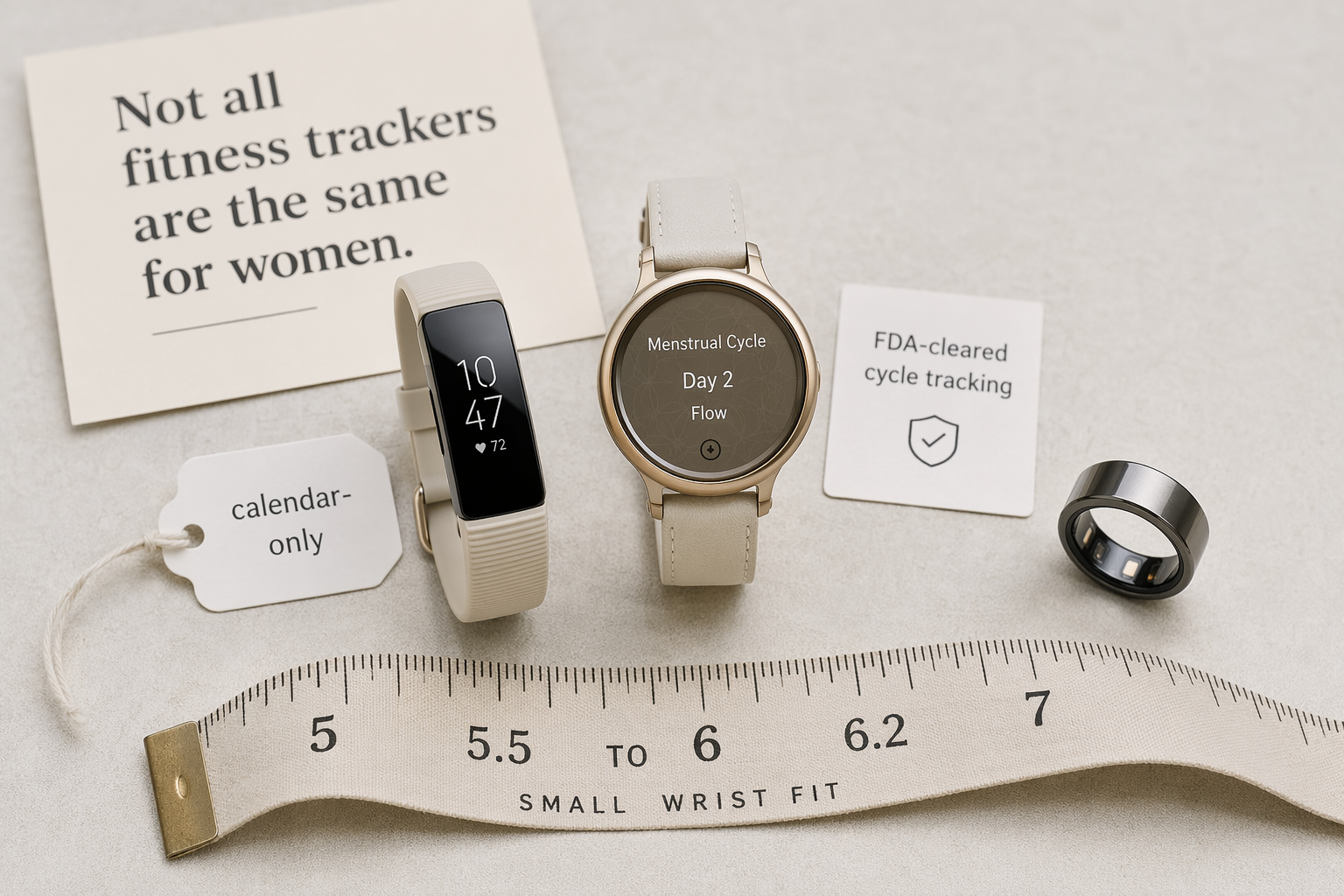 Flat-lay on a light neutral surface: three tracker form factors – a slim band, a small round smartwatch, and a smart ring – with a soft measuring tape showing the 5.5-to-6.2 inch mark. Cards read 'FDA-cleared cycle tracking' next to two devices and 'calendar-only' next to one. Natural lighting, slightly desaturated tones.