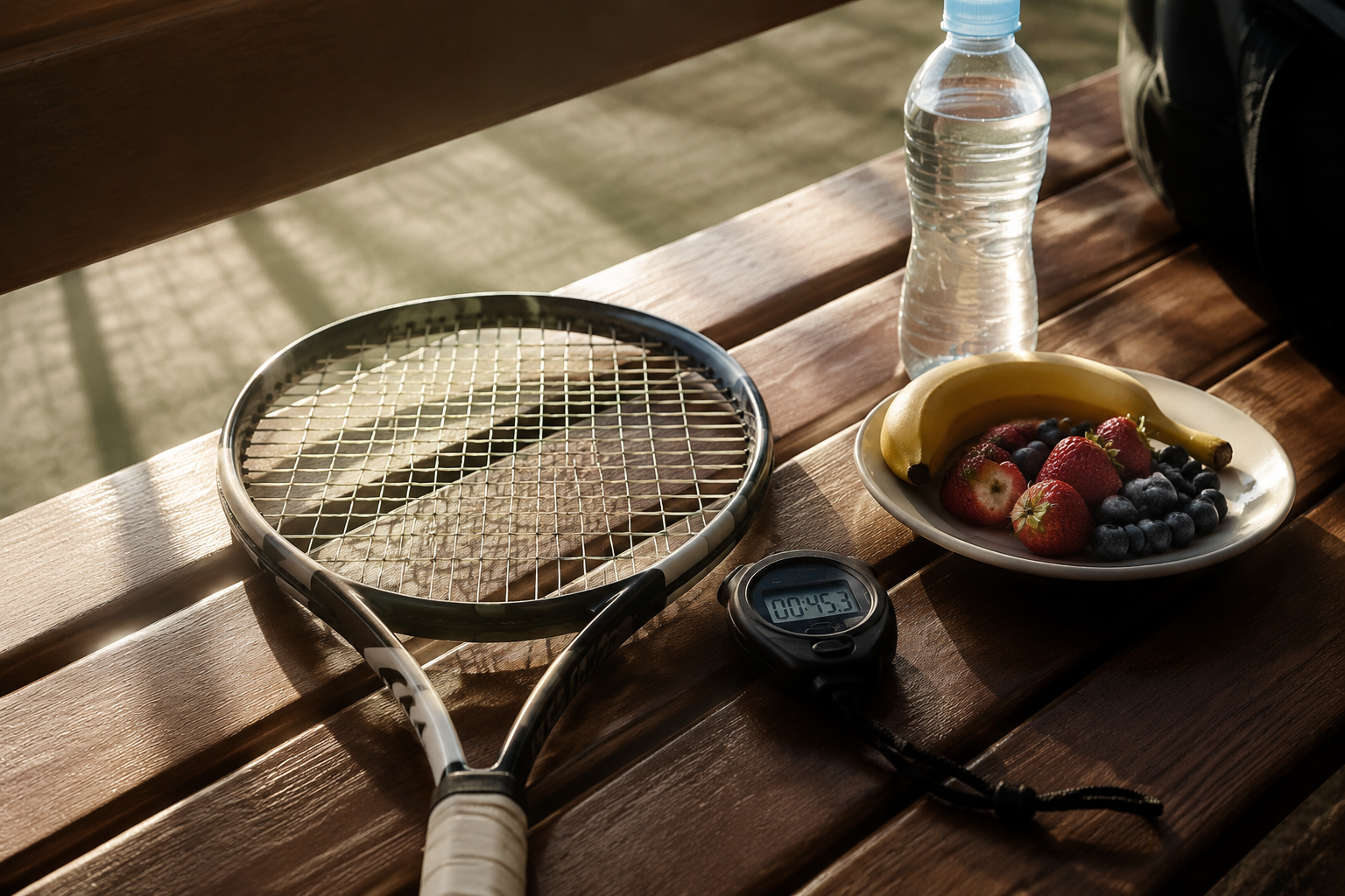 Tennis racquet, stopwatch, water bottle, and fruit prepared before a match