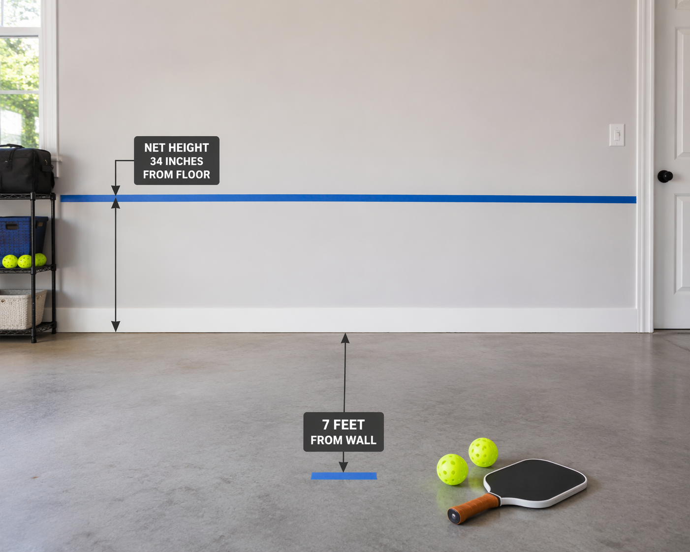 Pickleball wall practice setup with a blue tape line at net height and a floor marker 7 feet from the wall