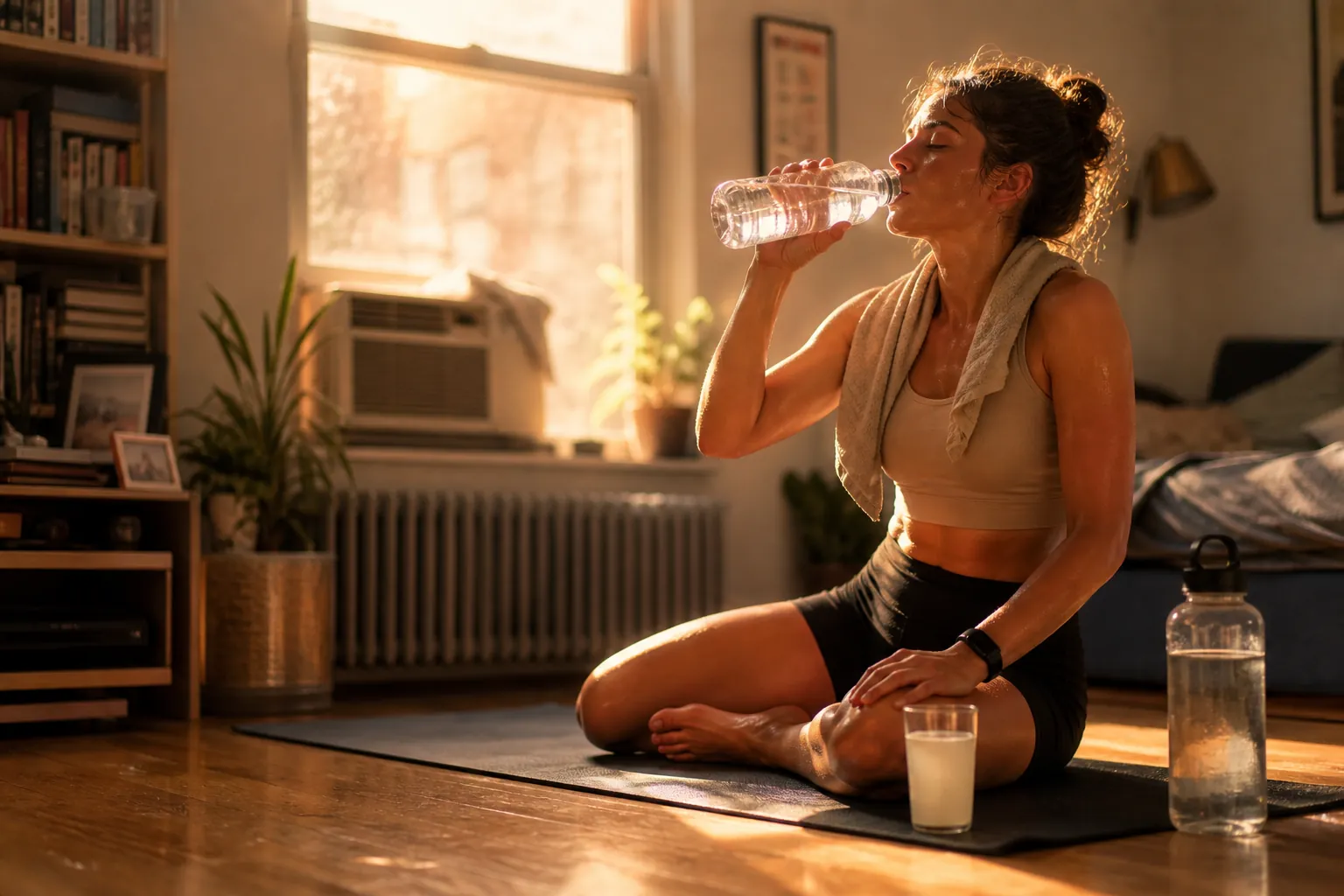 Person pausing during a home workout in a hot apartment with water and an electrolyte drink nearby