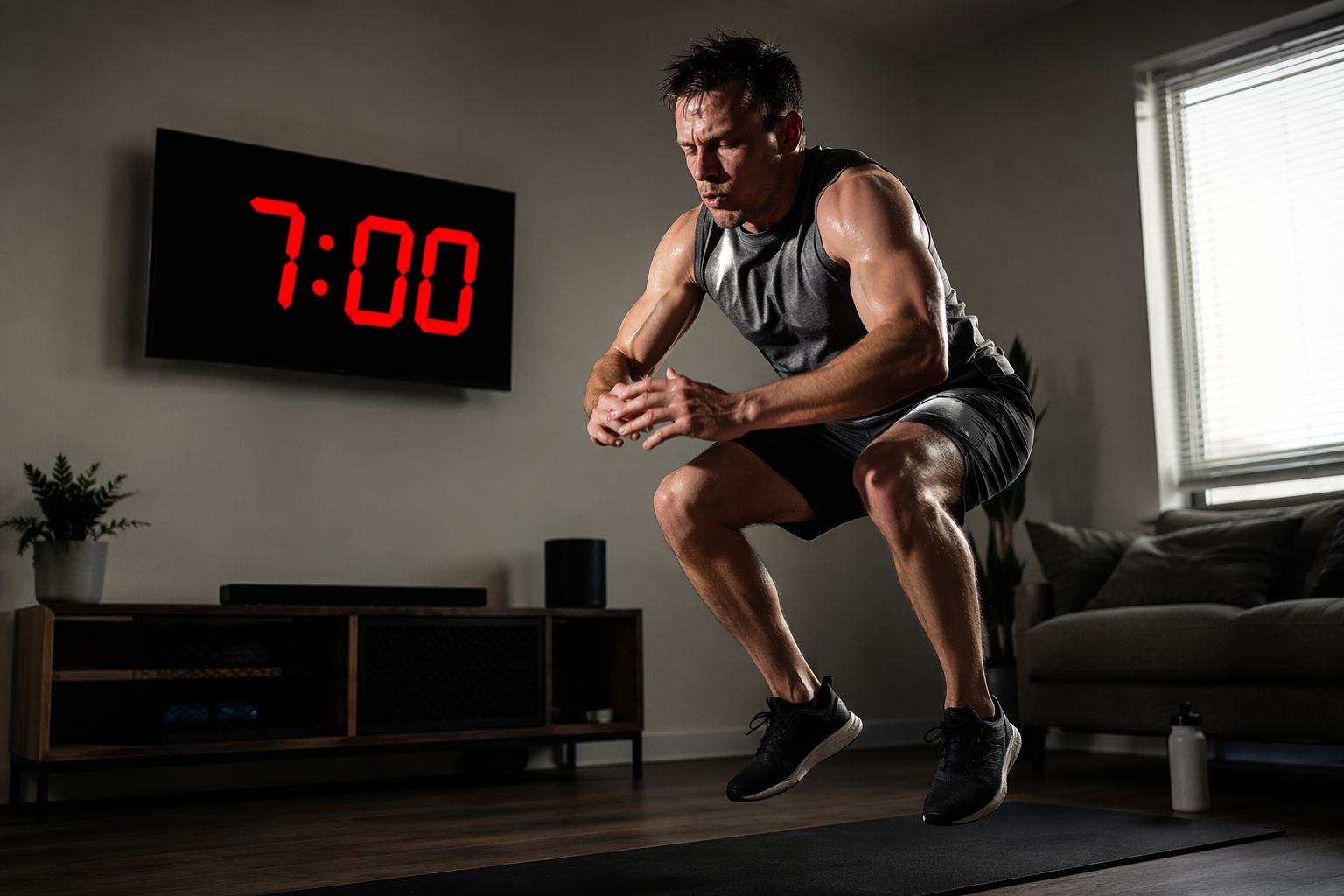 Person performing an explosive bodyweight squat thrust in a living room while a large timer shows seven minutes