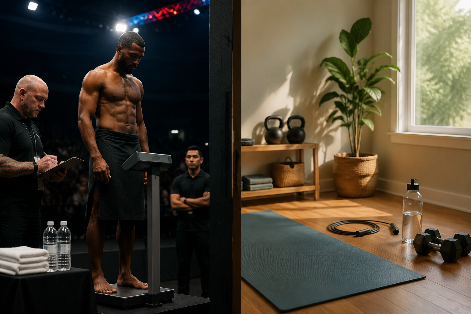 Professional weigh-in scene contrasted with a home fitness corner