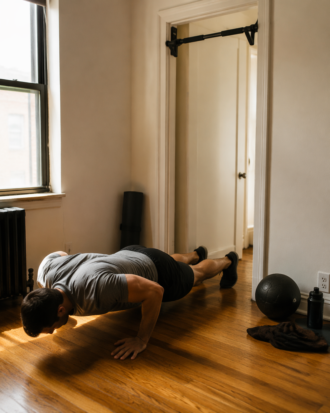 Person performing a burpee in a small apartment corner with a doorway pull-up bar nearby