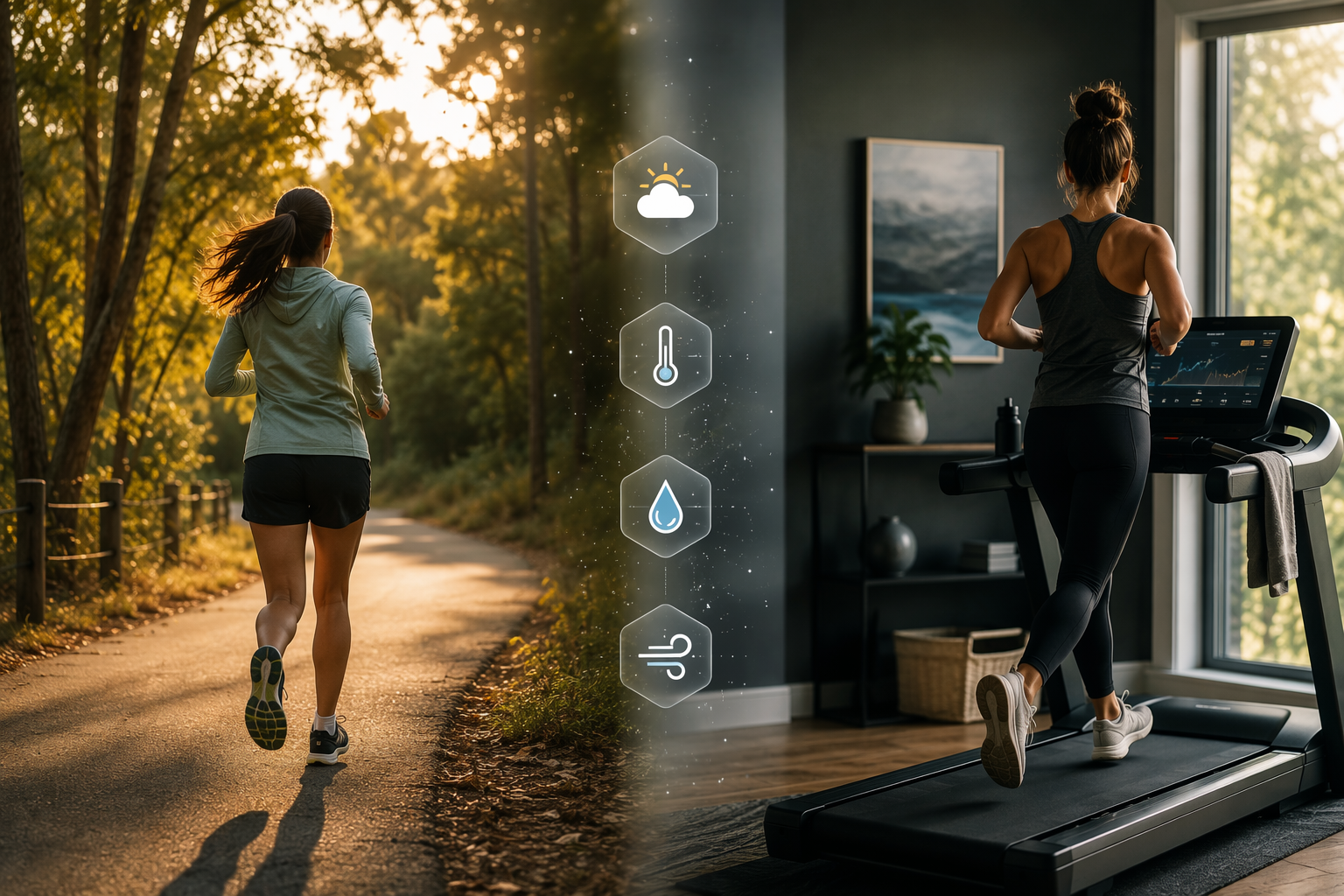 Runner choosing between an outdoor path and a home treadmill using weather icons