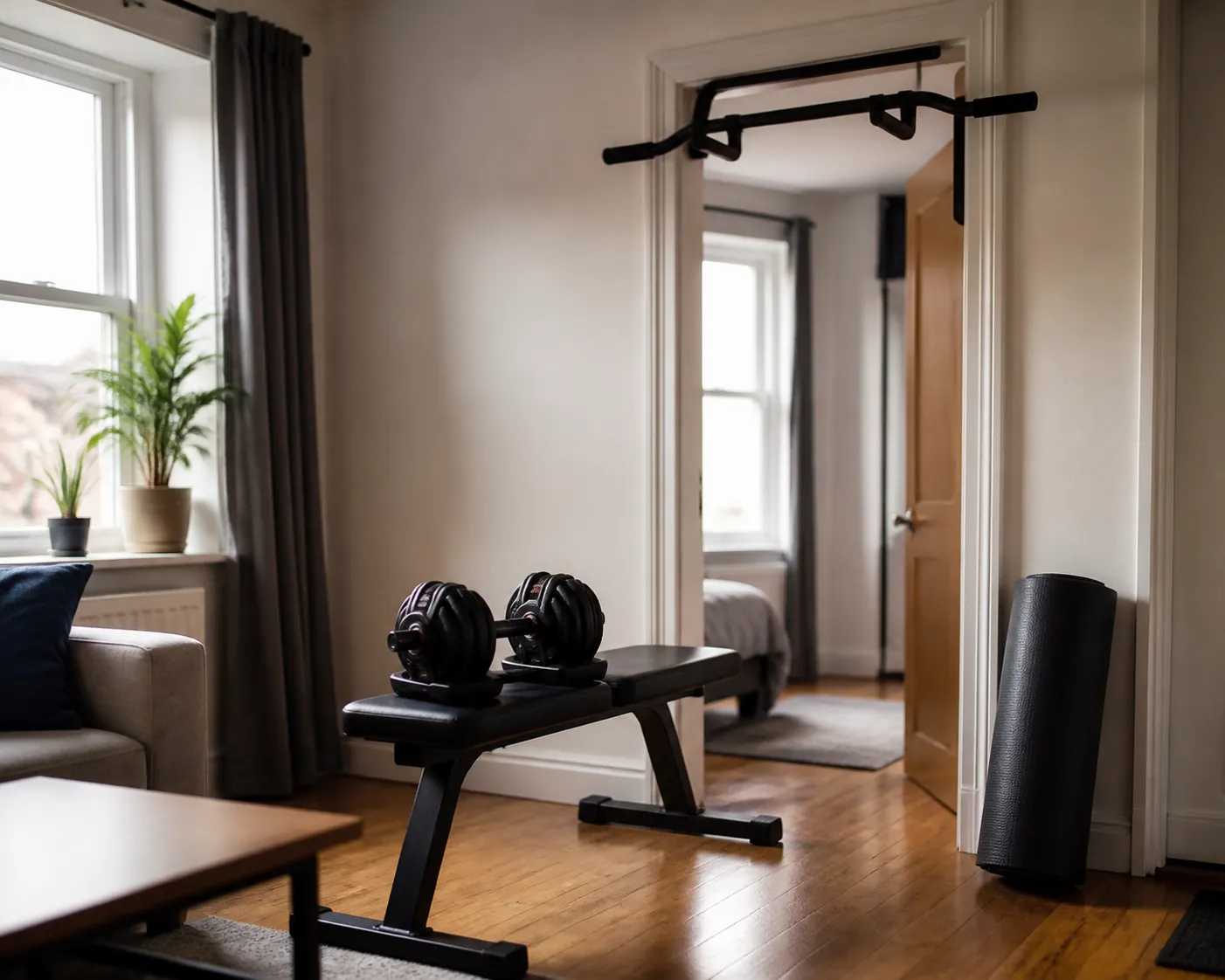 Compact apartment training corner with adjustable dumbbells, a bench, a doorway pull-up bar, and a rolled rubber mat