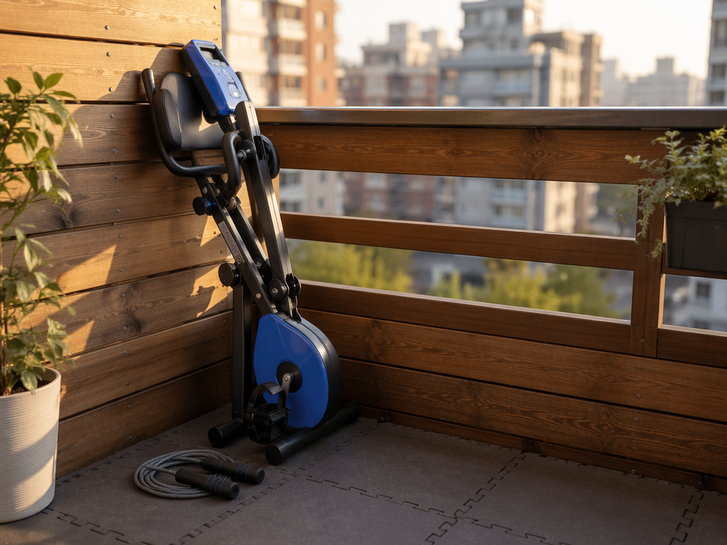 A blue and black compact foldable magnetic exercise bike in folded storage position leaning against a wooden balcony railing, with a coiled jump rope next to it on interlocking foam floor tiles, and out-of-focus city apartment buildings in the background under soft afternoon light.