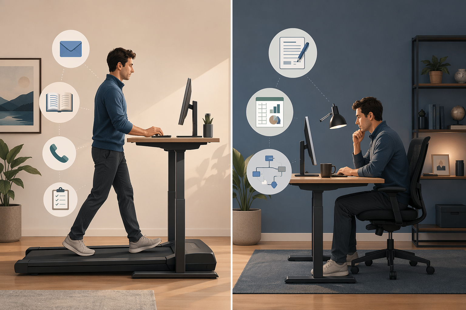 Illustration comparing treadmill-friendly desk tasks with seated deep-work tasks