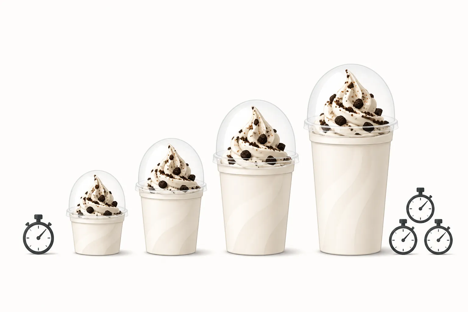 Four soft-serve cups increasing in size with stopwatch icons showing longer burn time
