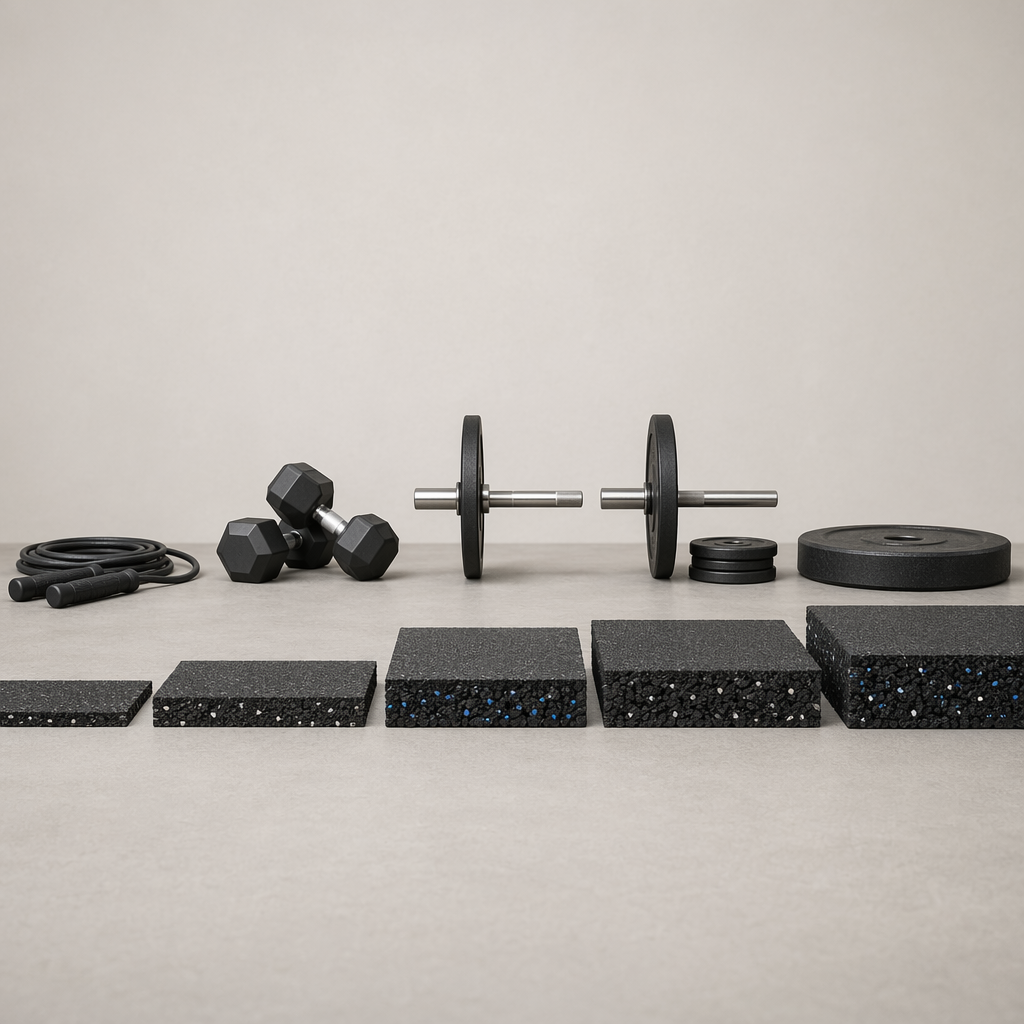 Cross-section slices of home gym flooring increasing in thickness from light cardio to dumbbells, barbell work, and a drop zone