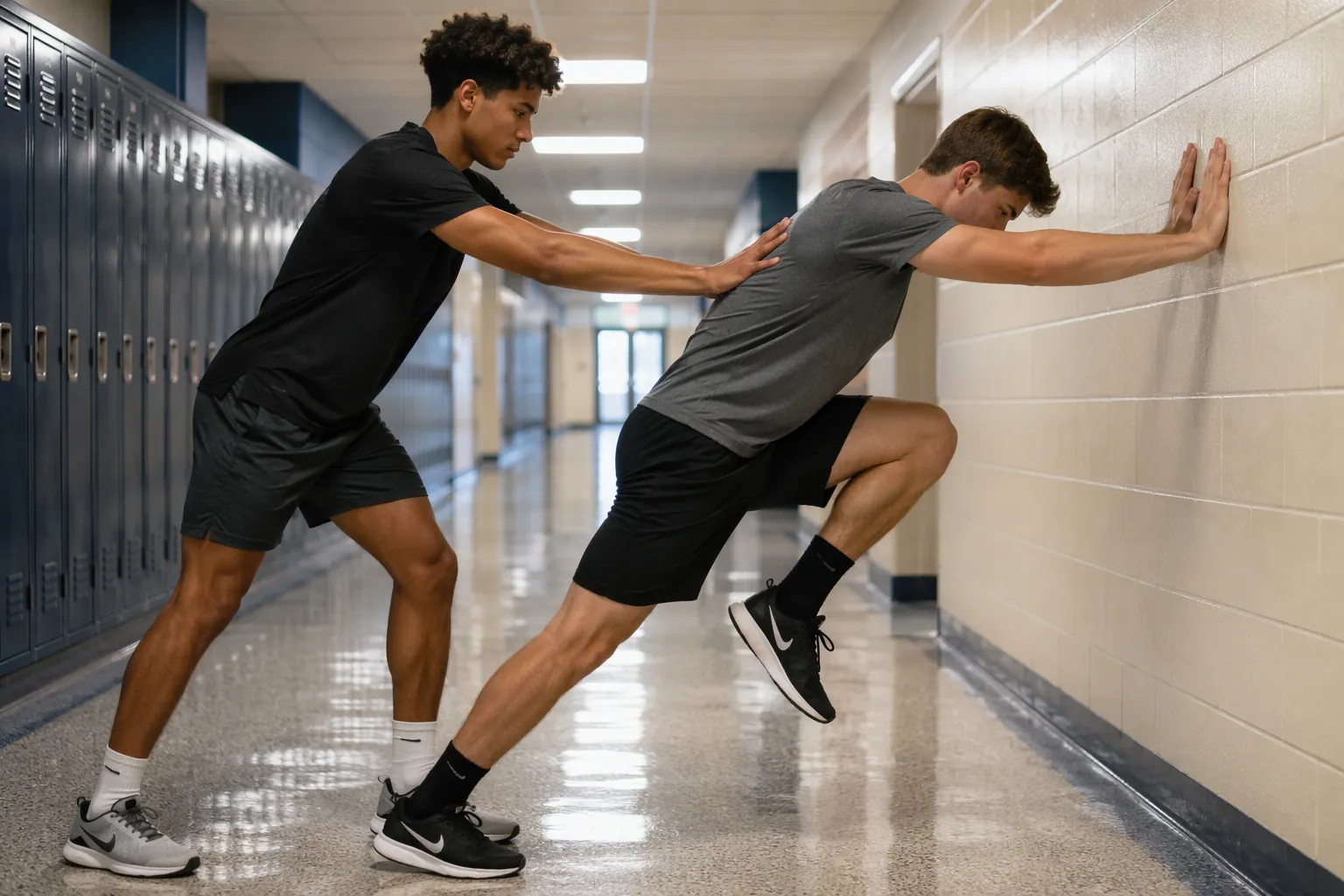 Two athletes performing resisted wall boom-booms in a hallway