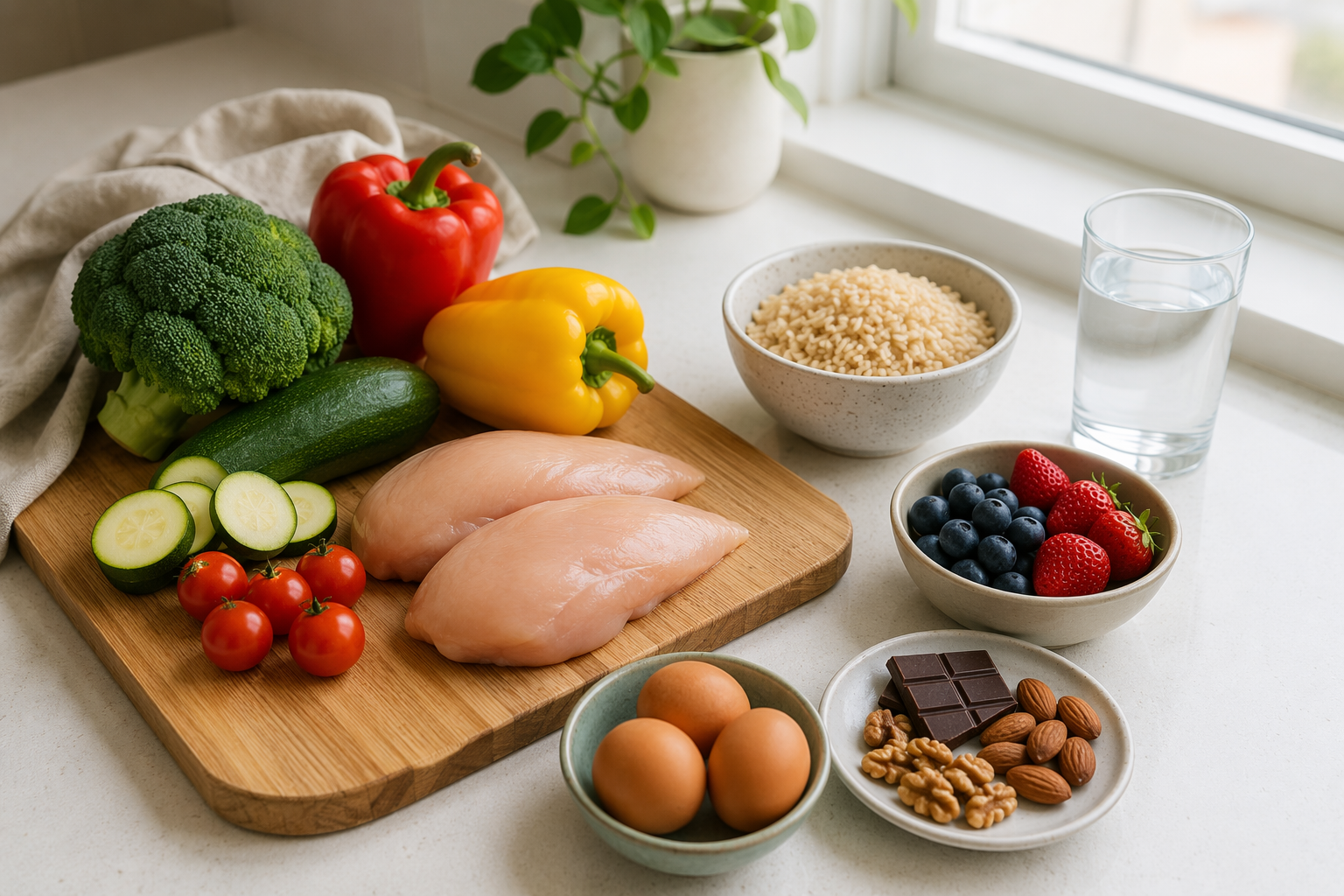 Simple whole foods including vegetables, chicken, eggs, brown rice, berries, water, and dark chocolate on a kitchen counter