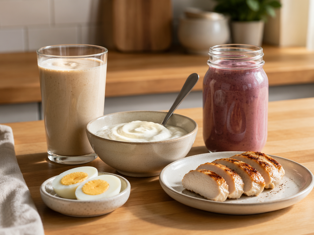 Protein shake, Greek yogurt, chicken slices, boiled egg, and smoothie on a kitchen counter