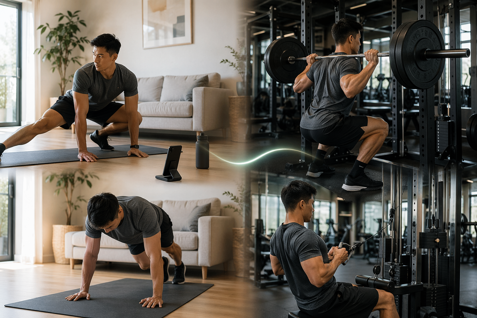 Person combining home mobility work with heavy barbell training at a gym