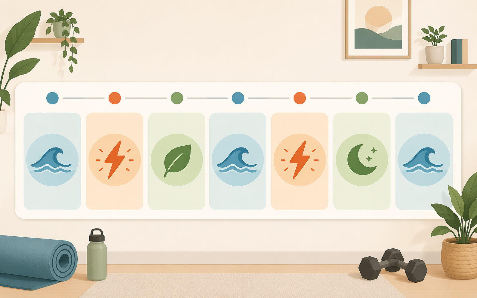 A clean editorial illustration showing a weekly calendar layout with seven columns for Monday through Sunday, each day marked with color-coded icons: teal wave symbols for steady-state cardio, orange lightning symbols for HIIT, and green leaf symbols for rest days, arranged in a balanced weekly rhythm.
