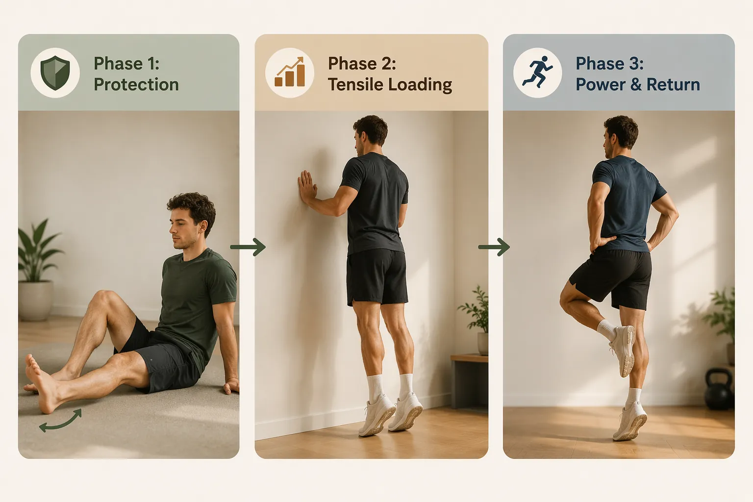 Three-panel illustration of calf strain recovery phases from gentle ankle motion to heel raises and single-leg work