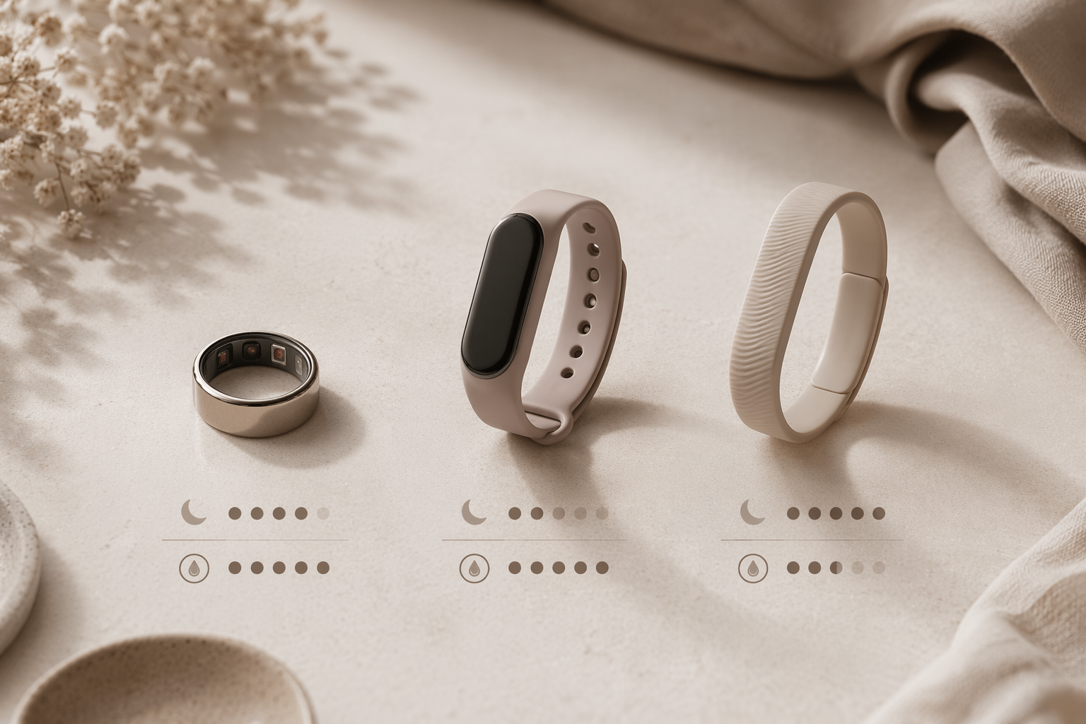 Smart ring, slim fitness wristband, and screenless band silhouettes arranged side by side