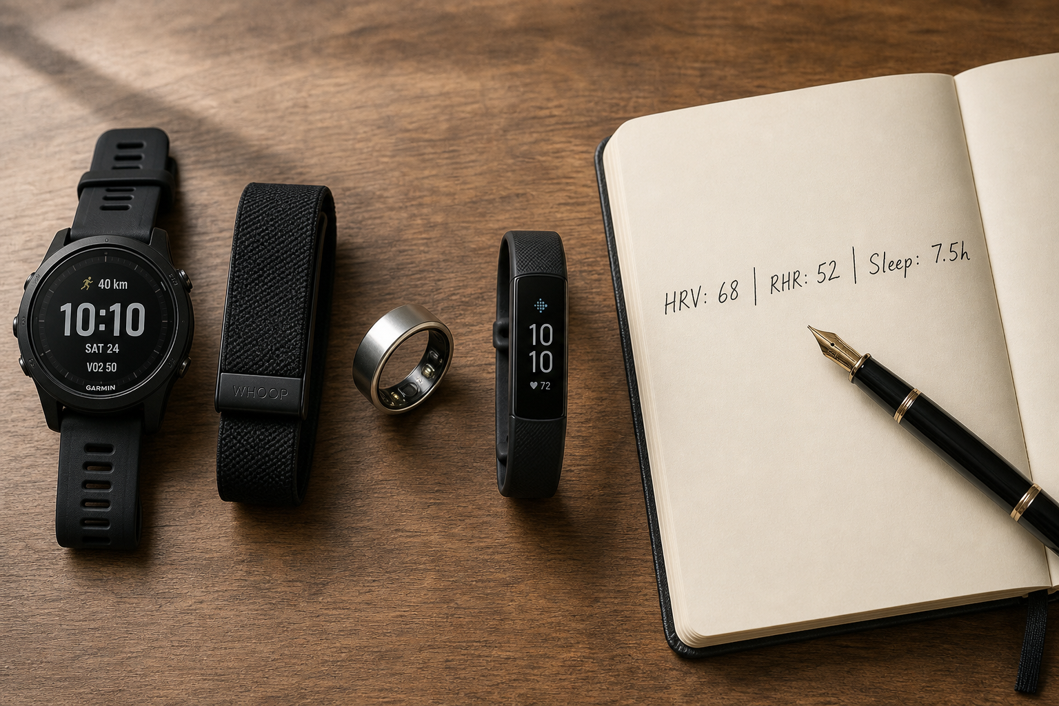 Four distinct fitness tracker form factors arranged on a wooden surface: a sport smartwatch, a fabric screenless strap, a metallic smart ring, and a slim fitness band. A notebook beside them shows handwritten recovery metrics.