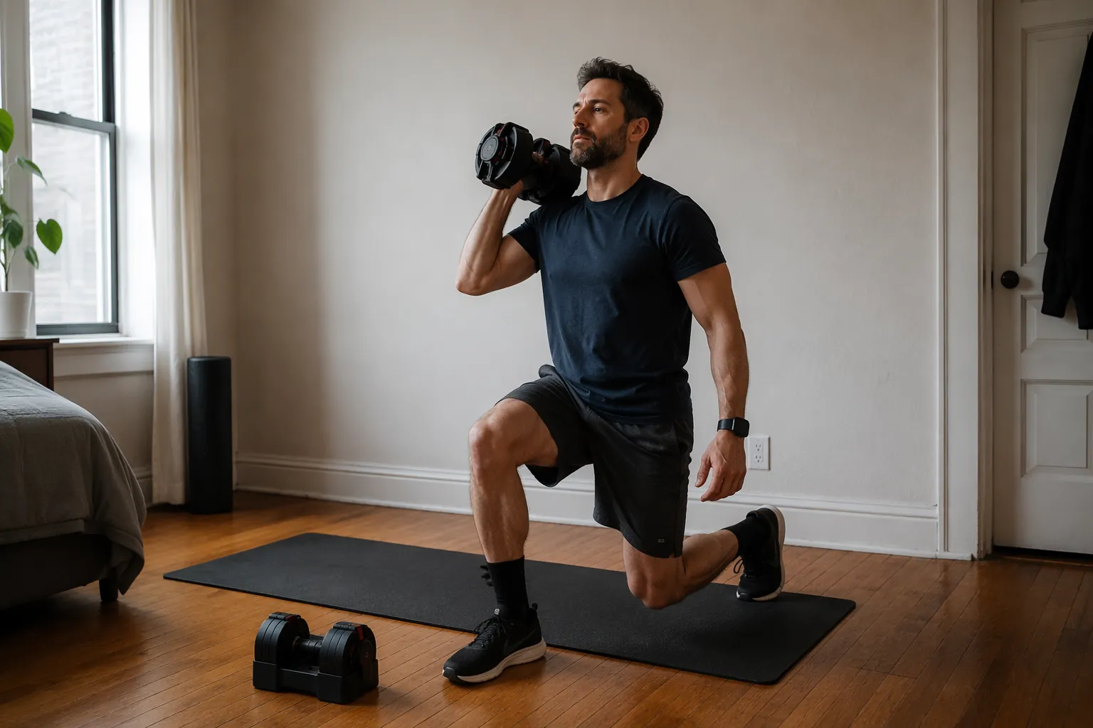 A man in his early 40s lunging in a modest home training room with a dumbbell on the floor