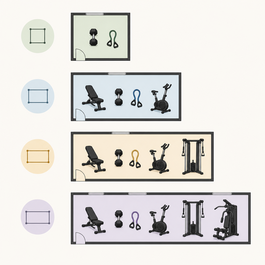A diagram showing four progressively larger floor-plan rectangles representing space tiers, each containing small equipment icons that expand from a dumbbell and band in the smallest tier to a compact machine in the largest.