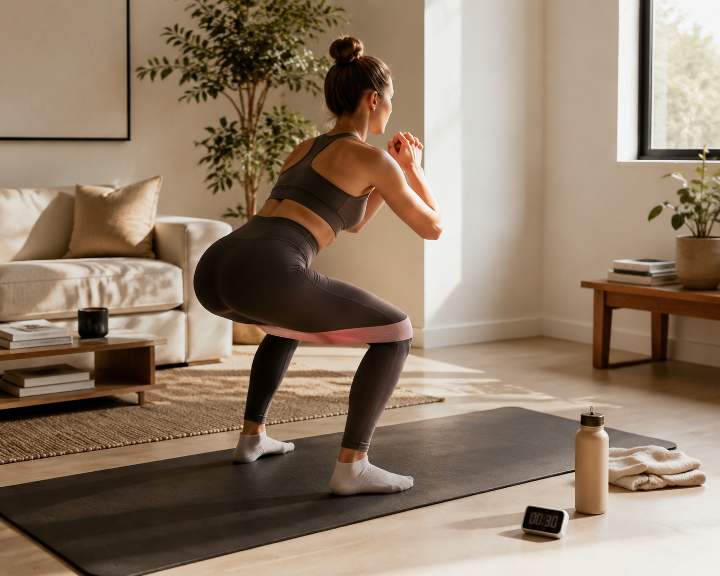 A person doing a controlled resistance band squat at home