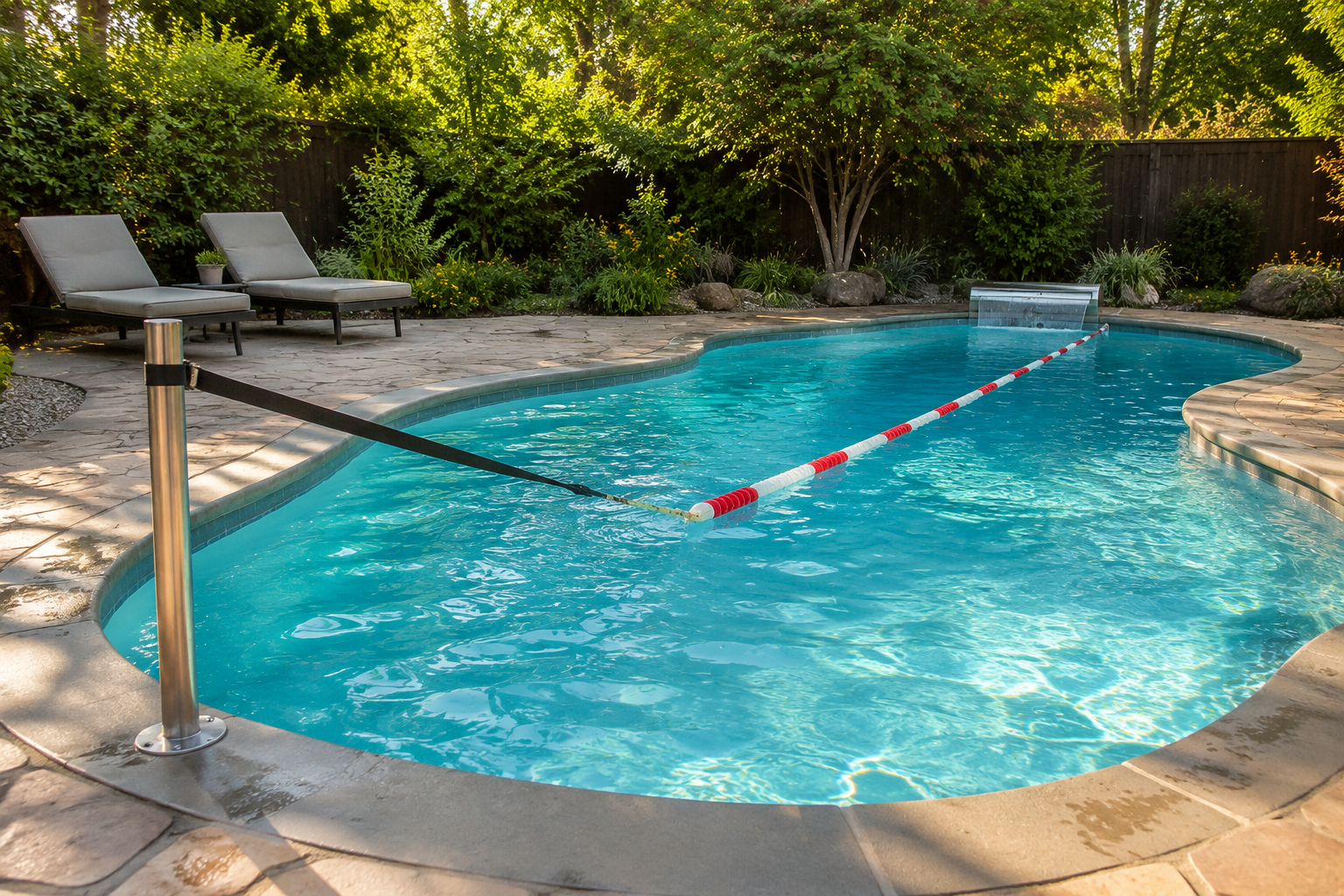 Backyard pool retrofitted with a swim current unit, floating lane line, and tether system
