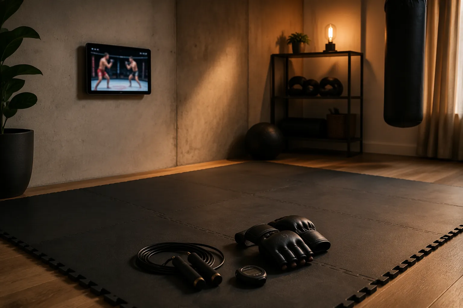 Small home training mat with a monitor showing a fight, gloves, timer, and jump rope