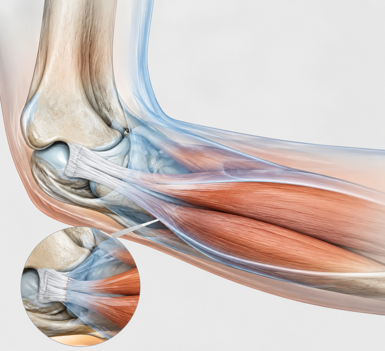 Anatomical illustration of the inner elbow showing the UCL beneath the flexor carpi ulnaris and flexor digitorum superficialis