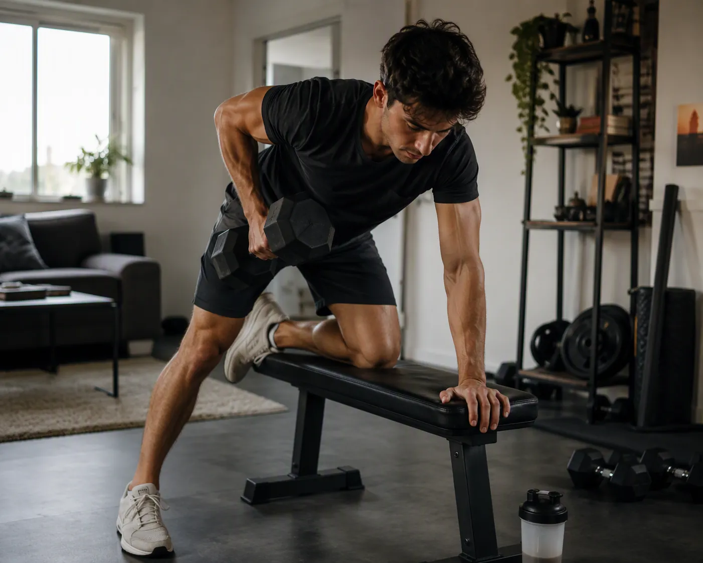 Young man doing dumbbell rows in a compact apartment home gym with a shaker nearby