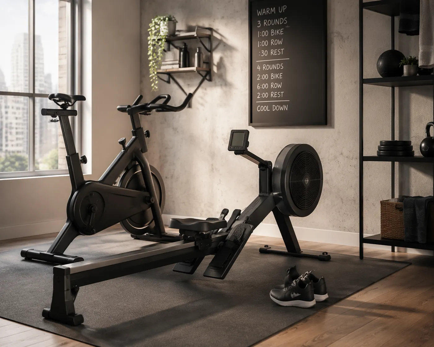 Small apartment training corner with a spin bike, rowing machine, mat, and running shoes