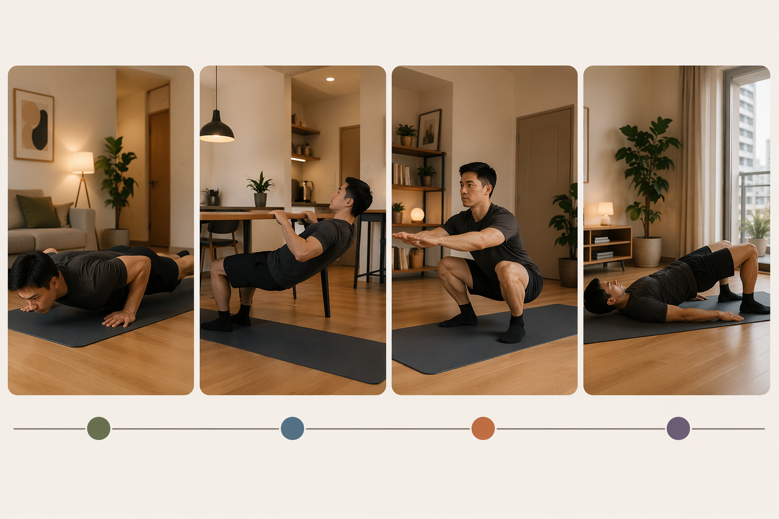 Four quiet training days showing push-up, pull movement, squat, and glute bridge on a yoga mat