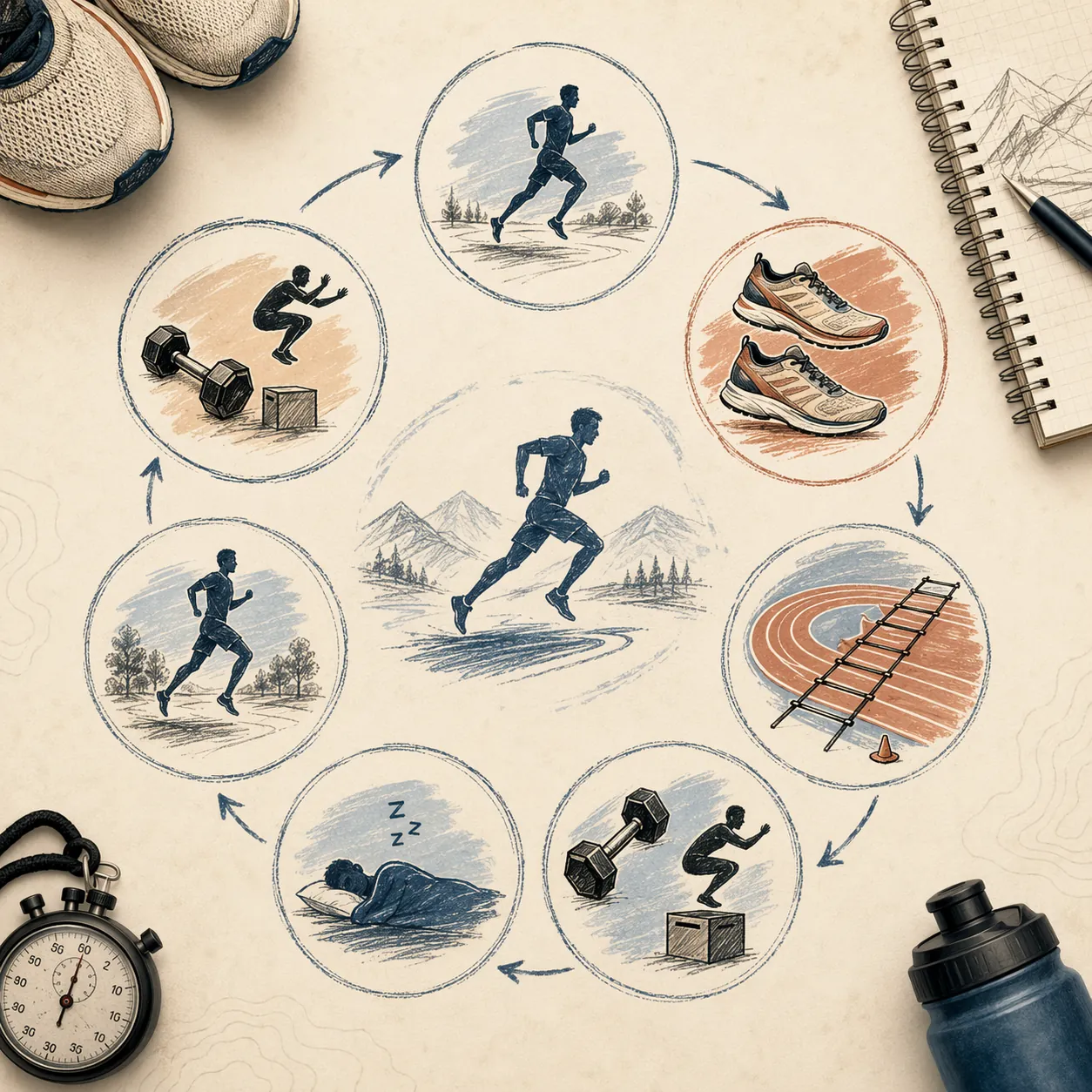 Illustration of a seven-day middle-distance training week with running, track, strength, plyometric, and rest icons