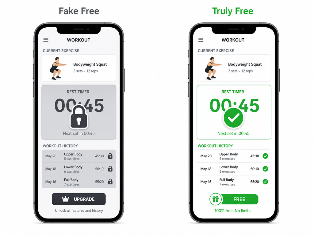 Split-screen illustration comparing a 'Fake Free' app with a locked rest timer and history to a 'Truly Free' app with unlocked features and a green FREE badge.