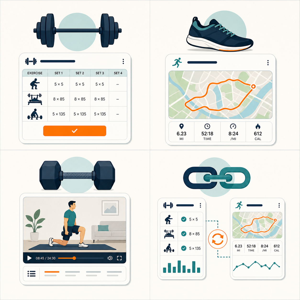 A four-section grid editorial layout mapping training styles to app recommendations: strength, running, home workouts, and hybrid training.