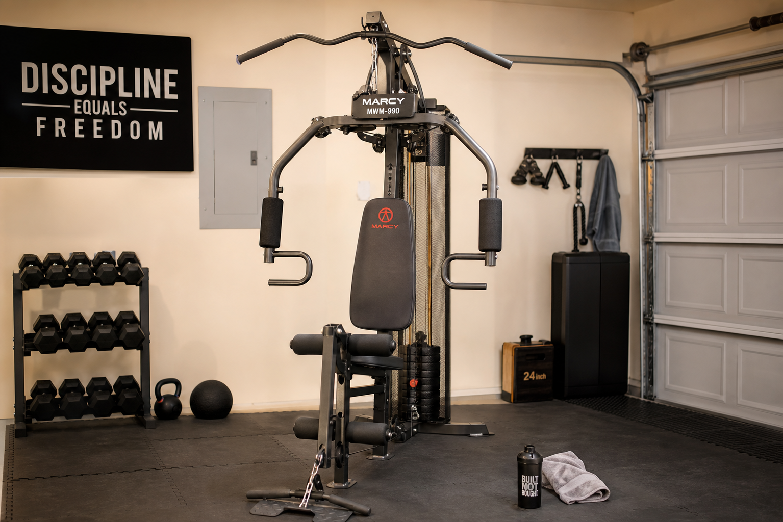 A Marcy MWM-990 150lb stack home gym in a finished garage with rubber flooring, showing the weight stack, lat bar, and press arms.