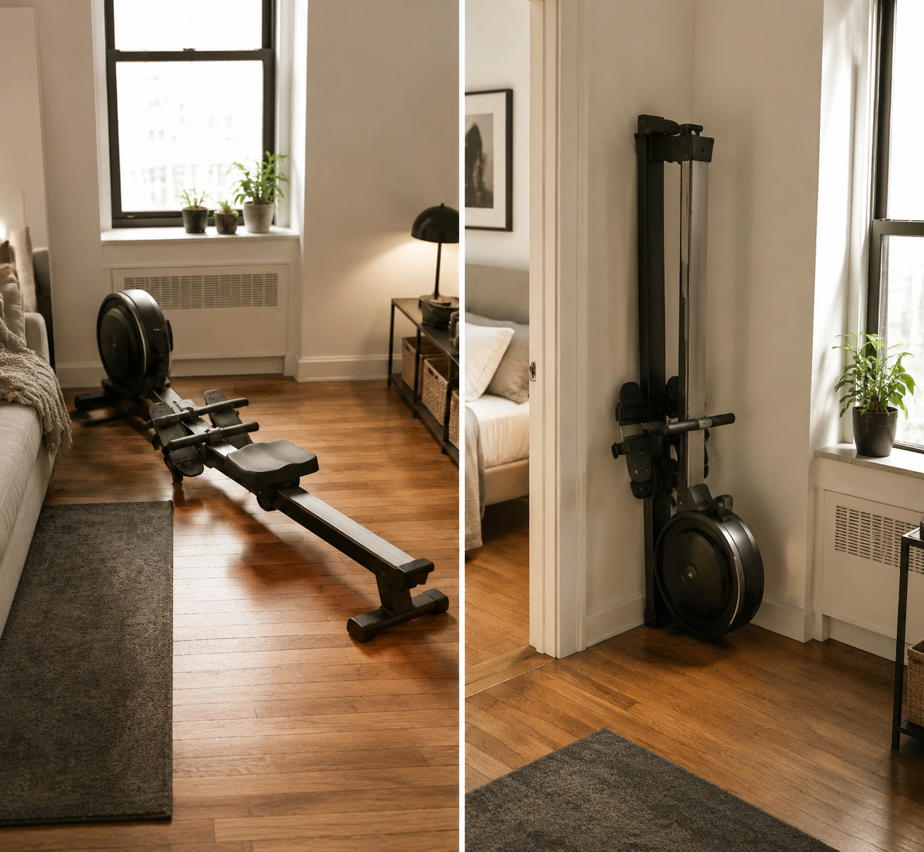 Rowing machine shown fully extended on the floor and stored vertically against a wall