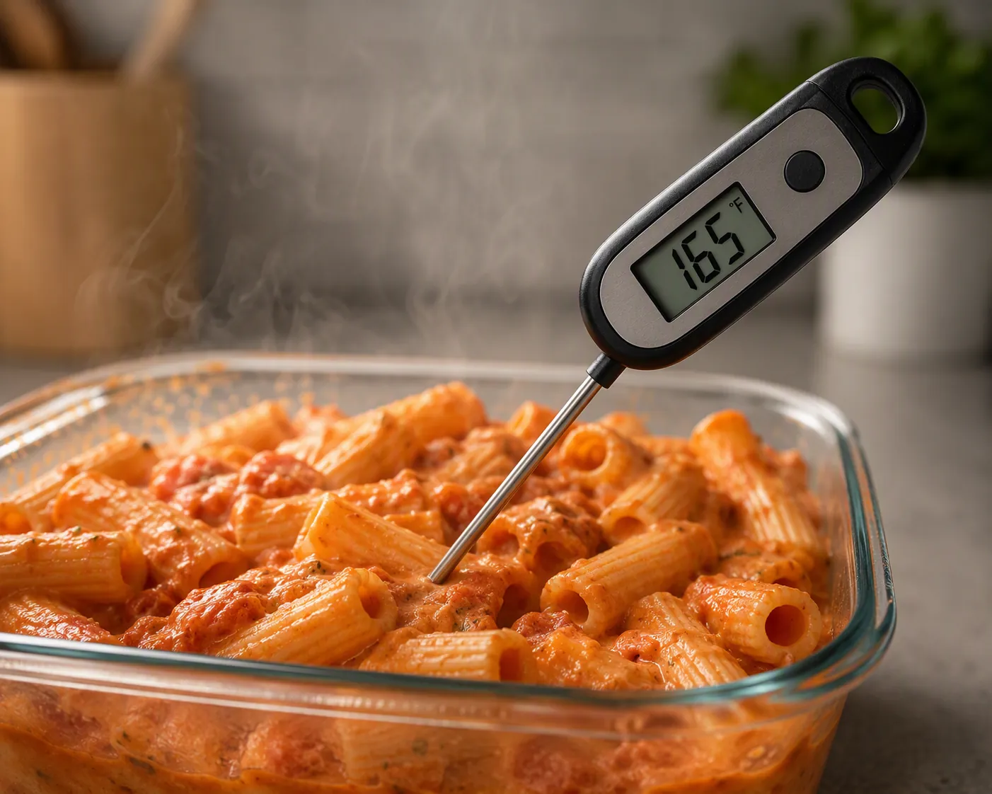 Instant-read thermometer showing 165 in reheated spicy rigatoni in a glass meal prep container