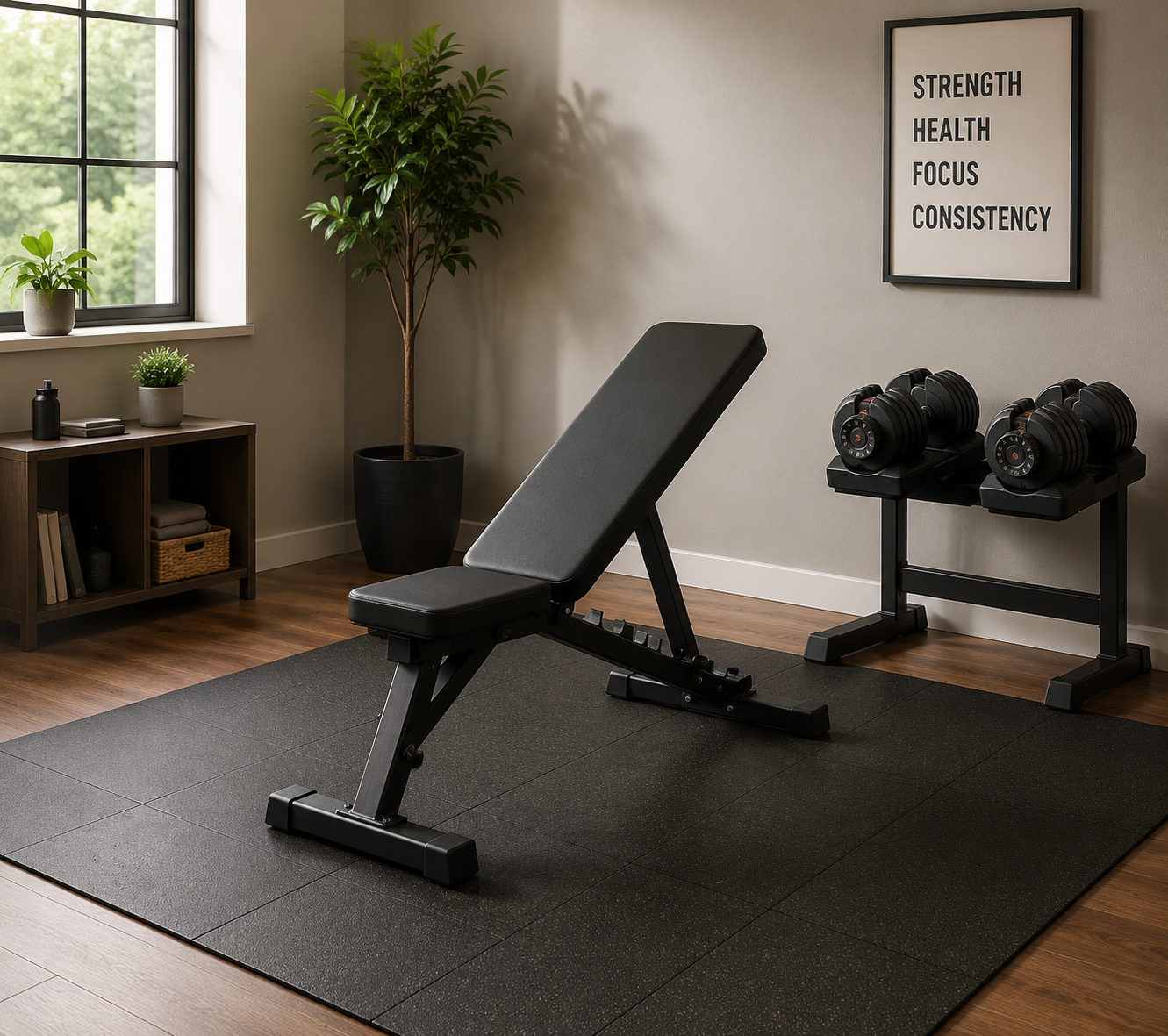 Clean home gym corner with adjustable dumbbells, a bench, rubber mat, and natural light