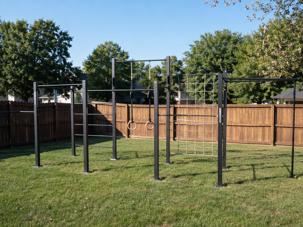 A multi-station outdoor calisthenics rig with multiple pull-up bars at varying heights, gymnastics ring attachment points, and a climbing element, installed on grass in a medium backyard with trees and fencing visible, afternoon daylight.