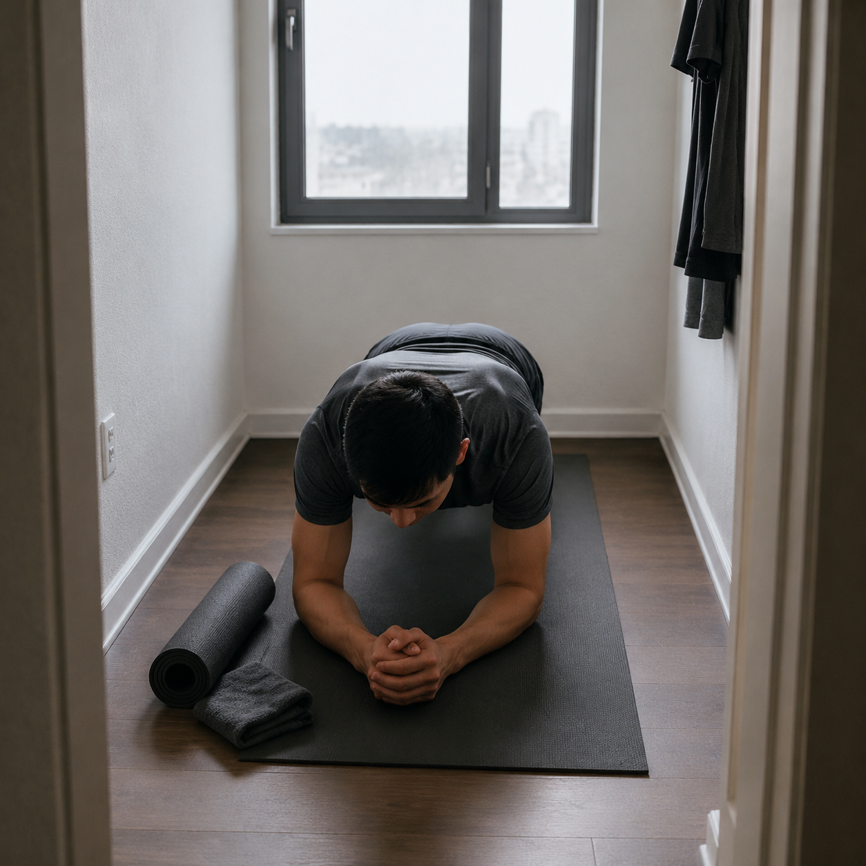 Person holding a plank on a yoga mat in a tight apartment space near a closed smoky window